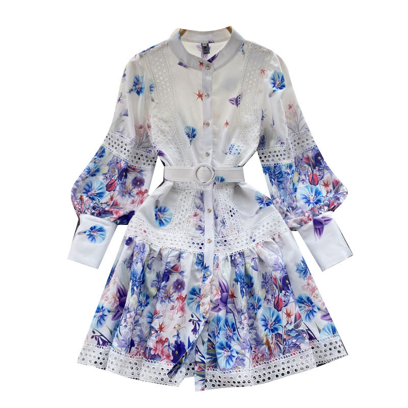 Ethnic Style Waist Slimming Hollow-out Elegant Long Sleeve Dress
