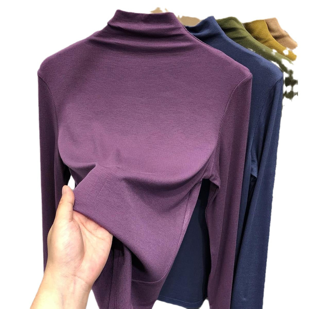 Chemise à col roulé et manches longues pour femme, en coton, avec fil intérieur