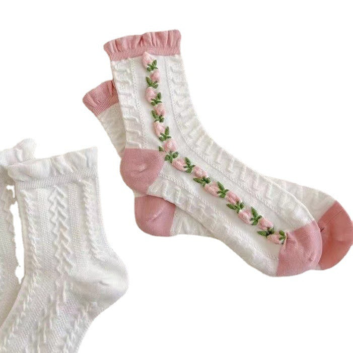 Chaussettes mi-hautes en dentelle de style japonais pour femmes