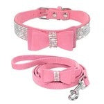 Collar y correa de cuero para perros y gatos con brillantes diamantes de imitación