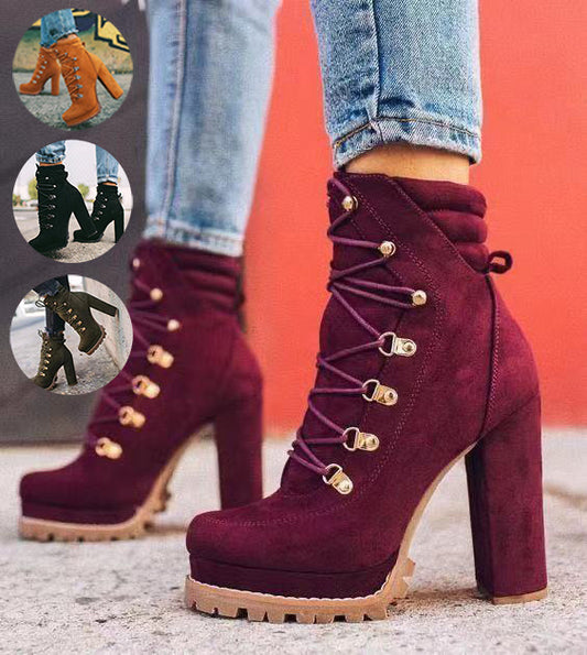 Bottes à talons pour femmes, bout rond, lacets, talons hauts, chaussures mi-mollet