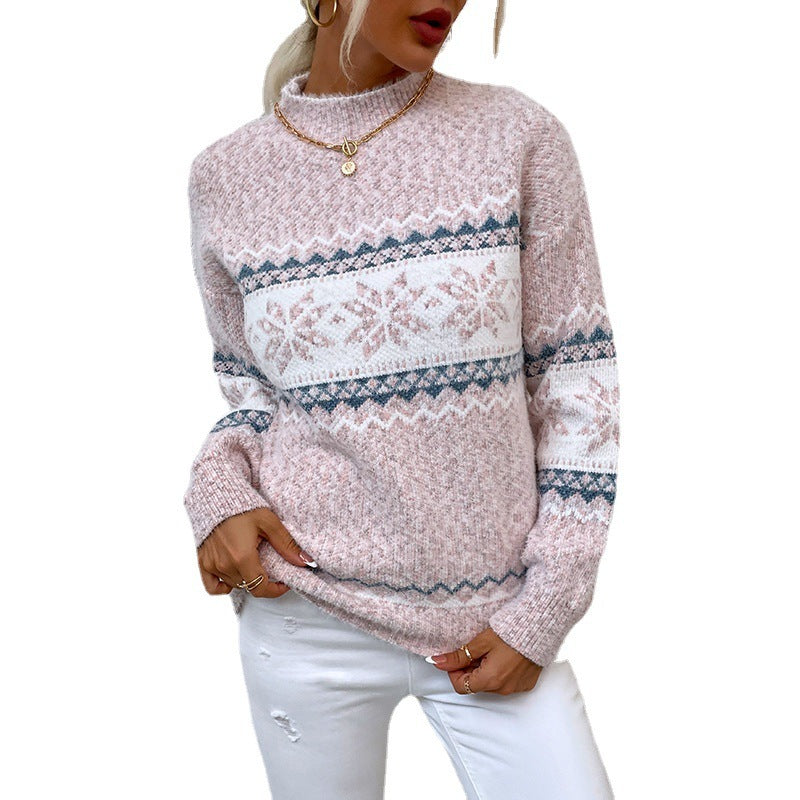 Pull demi-col roulé flocon de neige pour femme
