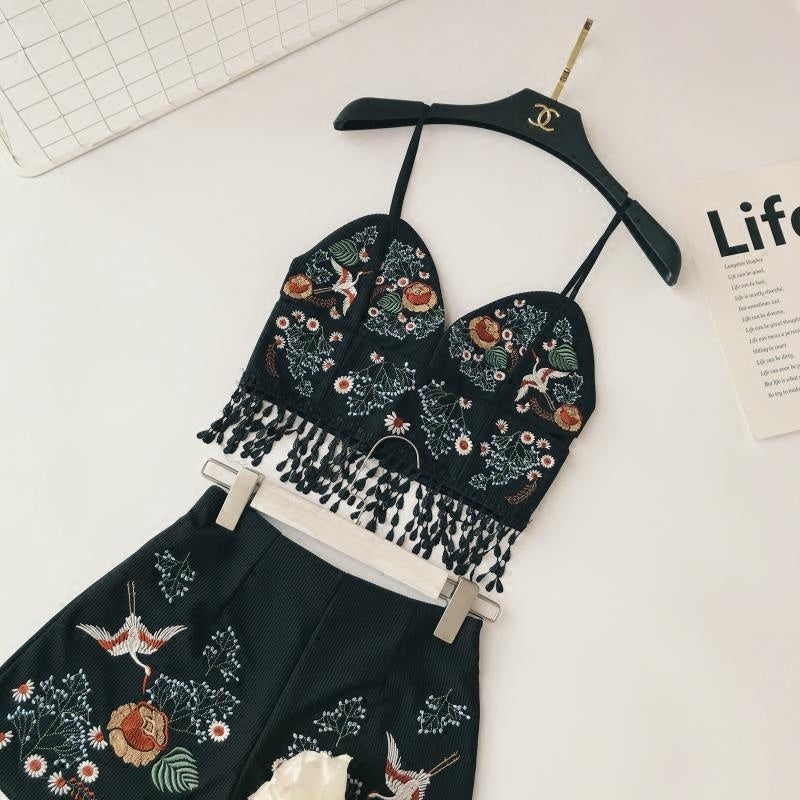 Flower Sling Top + High Aaist Embroidered Shorts two-piece suit