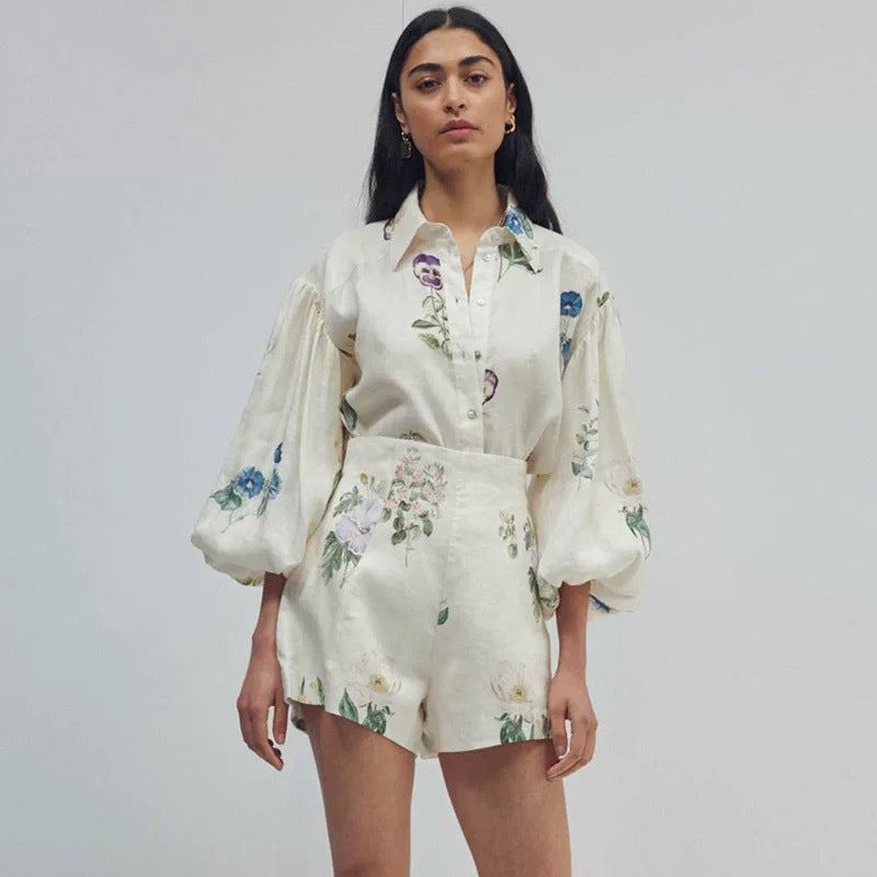 Commuter Long Sleeve Shirt Top High Waist Shorts Suit
