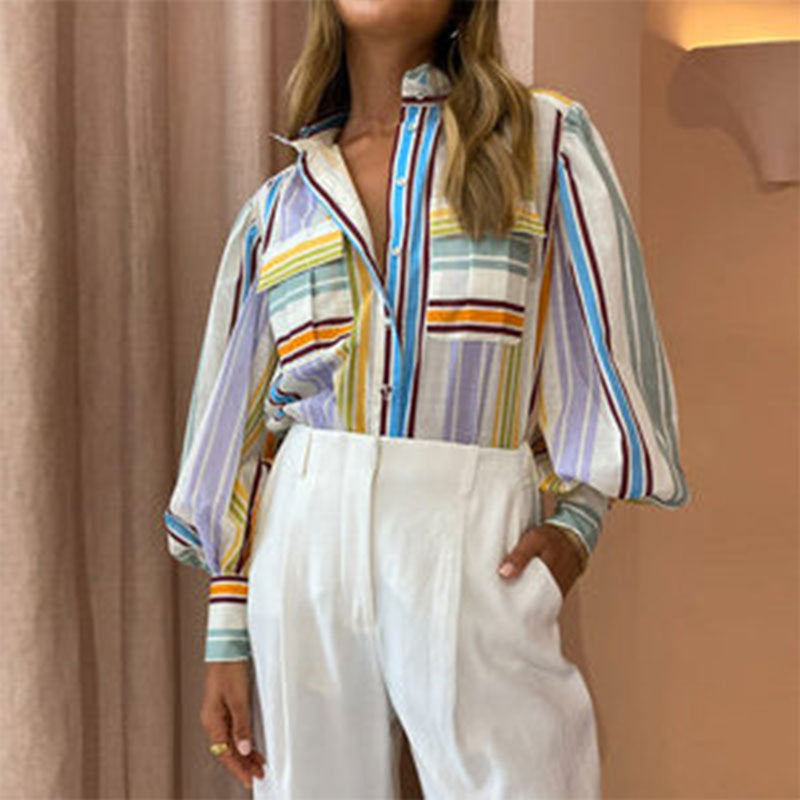 Nouveau haut décontracté élégant à manches longues et revers imprimé peint