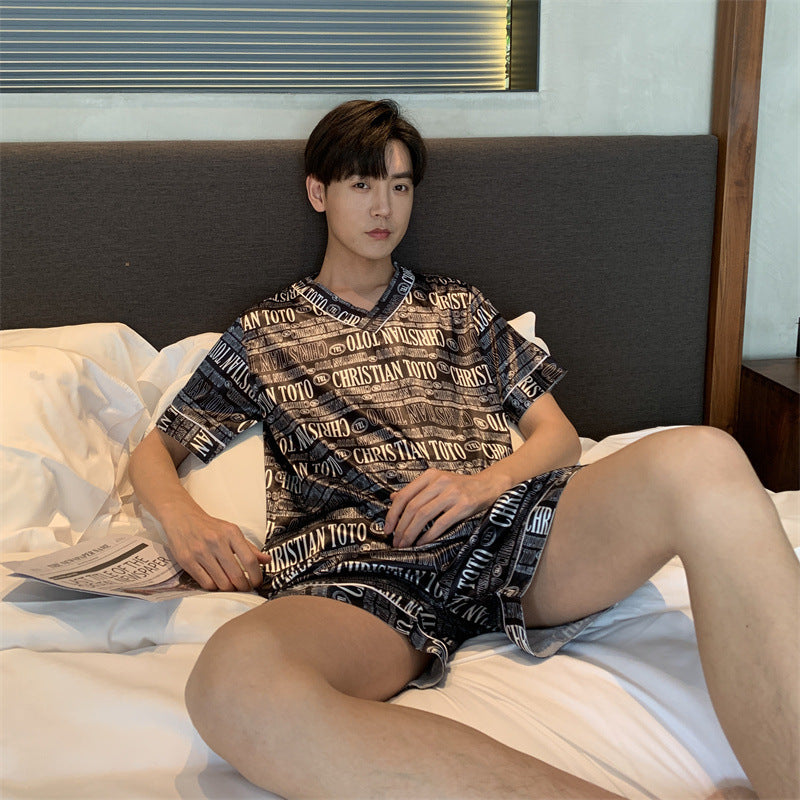 Pijamas para hombre de talla grande, talla grande, verano, cuello en V, seda de hielo, finos, para uso diario, para el hogar, tallas grandes, tallas grandes