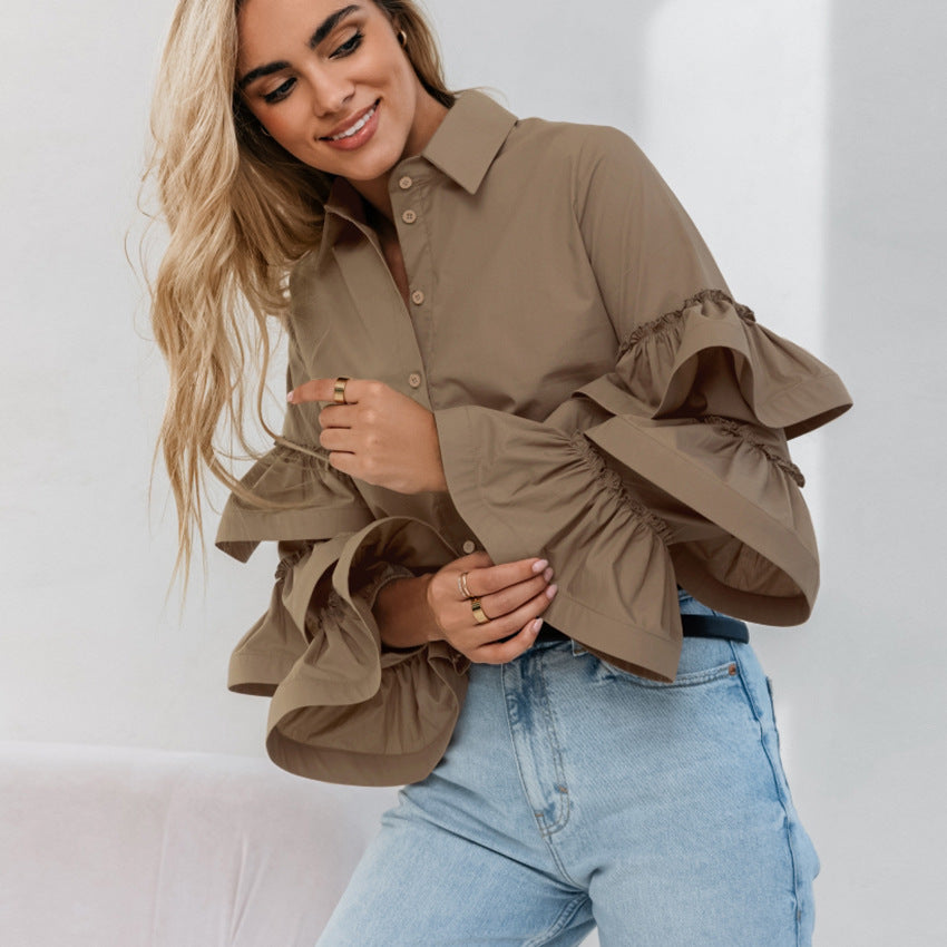 Chemise à volants en coton à revers de style français