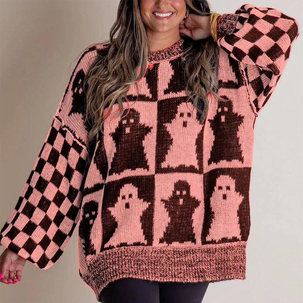 Pull à manches longues en tricot pour femme, imprimé fantôme et damier, style dessin animé d'Halloween, automne et hiver