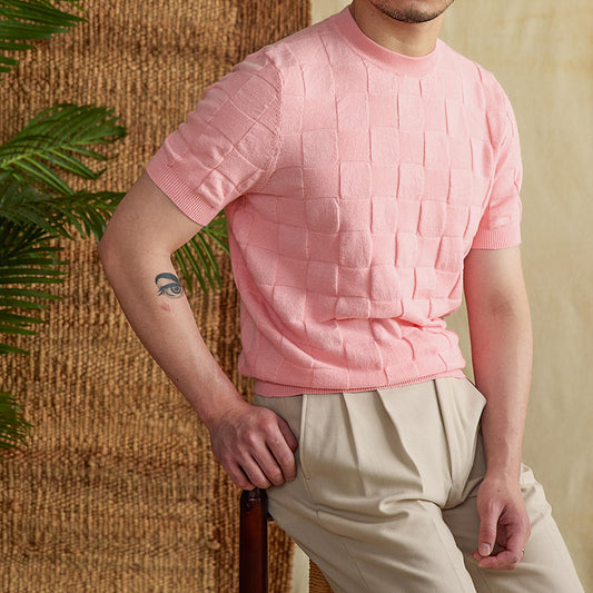 Camiseta de cuello redondo a cuadros de jacquard de punto de algodón ramio de verano para hombre