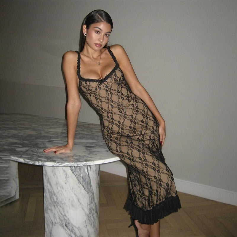 French Style Lace Lady Like Woman Style Dress Low-cut Slimming