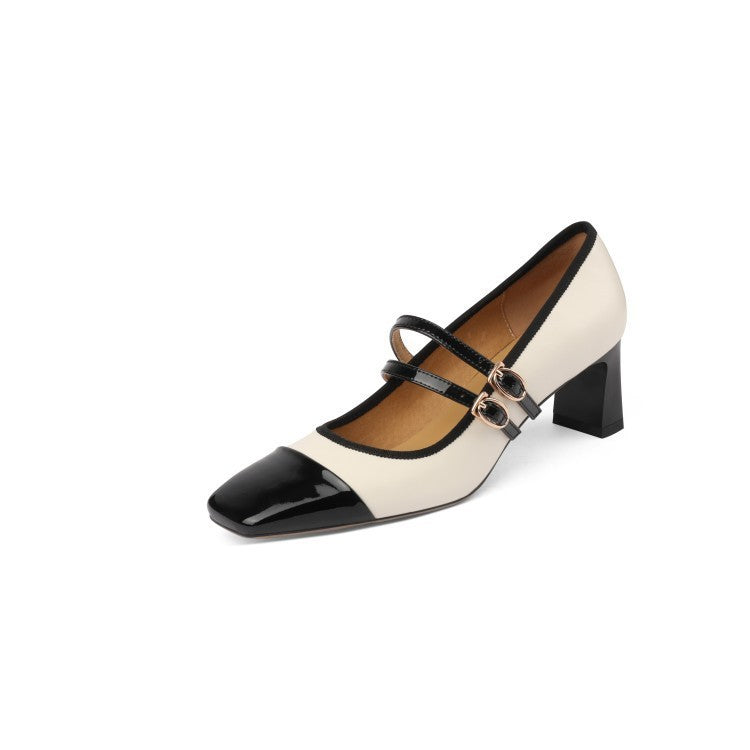 Chaussure simple rétro à tête carrée assortie aux couleurs pour femme