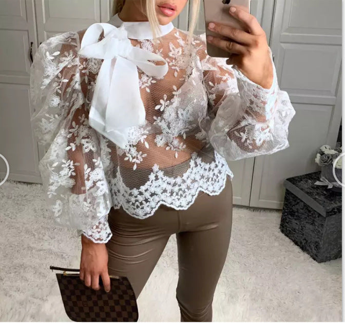 Lace Embroidered Bow Top