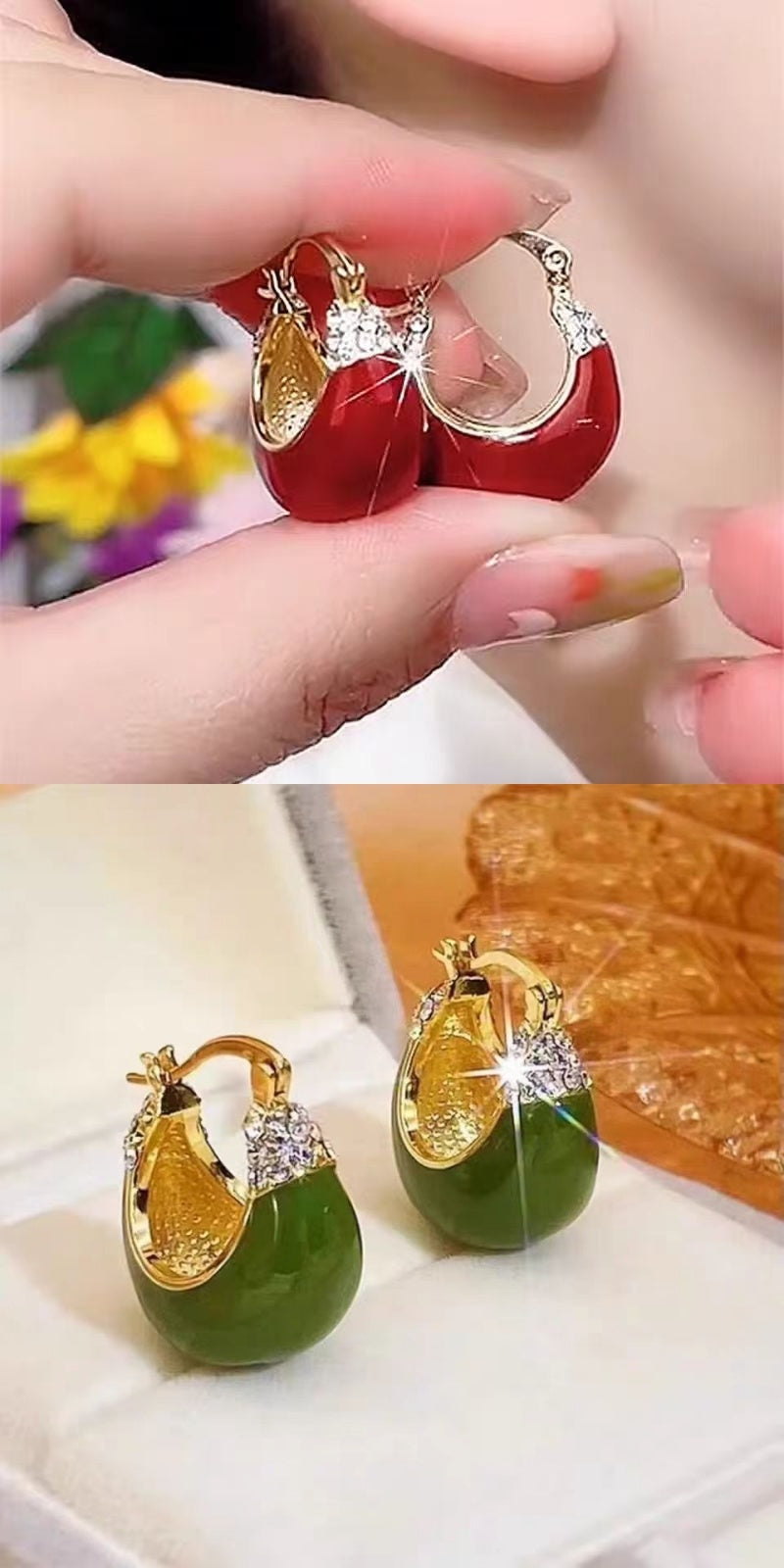 Pendientes altos y elegantes de diamantes de imitación con gotas de aceite en rojo y verde de High Sense