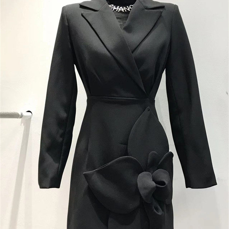 Women's Temperament Three-dimensional Flowers Waist Lapel Dress