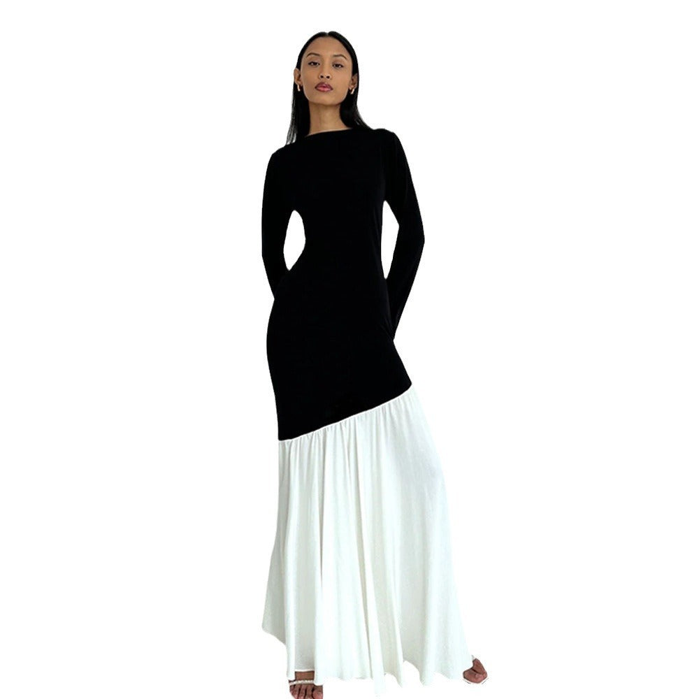 Robe tendance à col rond et manches longues, coutures fines sur les hanches