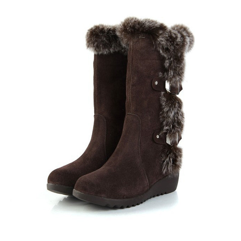 Botas de nieve de media pantorrilla para mujer, zapatos informales, cálidos, de piel, con punta redonda, sin cordones, color marrón, para invierno