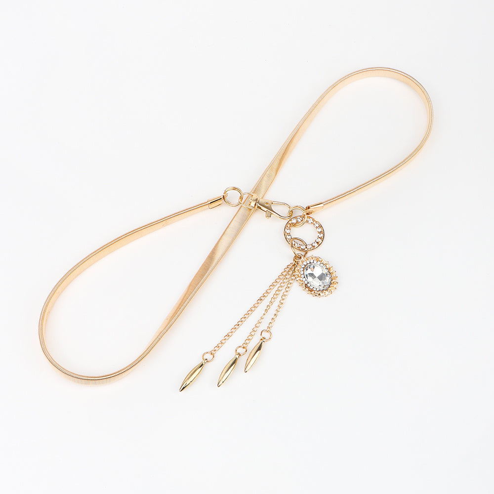 Fashion Small Incense Wind Metal Oval Rhinestone Waist Chain Women's Fringe Pendant With Dress Decoration Women's Waist Seal
