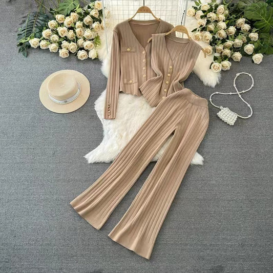 Ensemble trois pièces manteau tricoté à manches longues et col en V à simple boutonnage