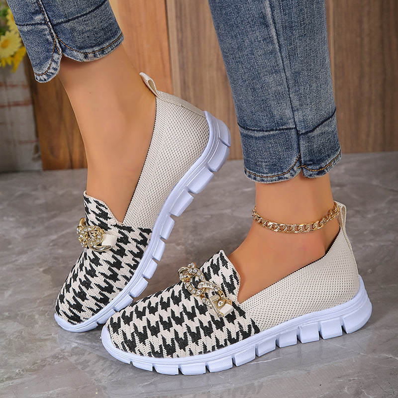 Zapatos casuales de malla con cadena y estampado de pata de gallo, zapatos planos deportivos para caminar de verano para mujer, mocasines transpirables