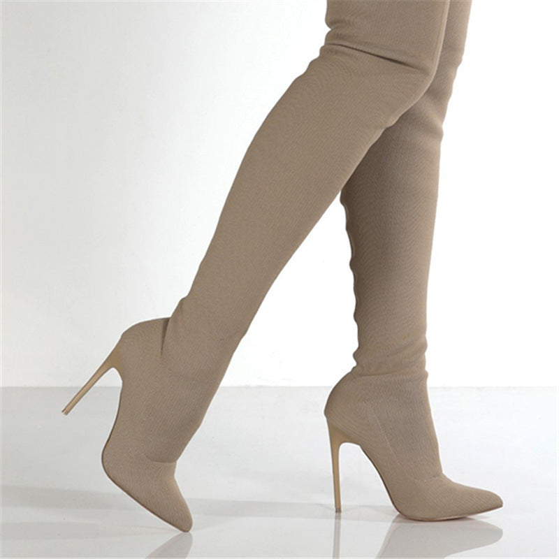 Botas de punto por encima de la rodilla con tacón alto para mujer