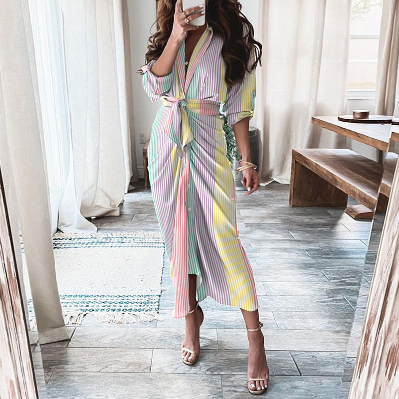 Robe chemise à manches longues et à lacets, imprimé européen et américain, à simple boutonnage