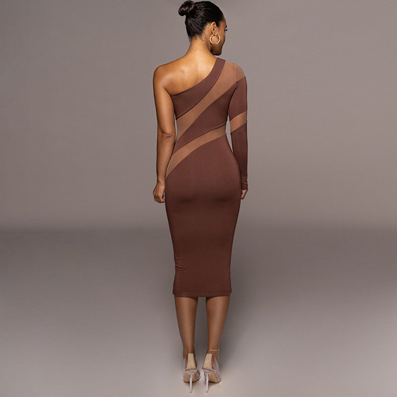 Sexy High-waisted MIDI Skirt Stitching Mesh Yarn Perspective Dress