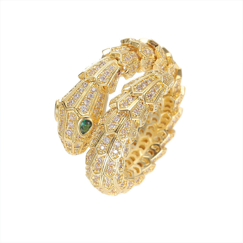 Conjunto de anillo y pulsera de serpiente con diamantes y microconjunto chapado en oro de latón