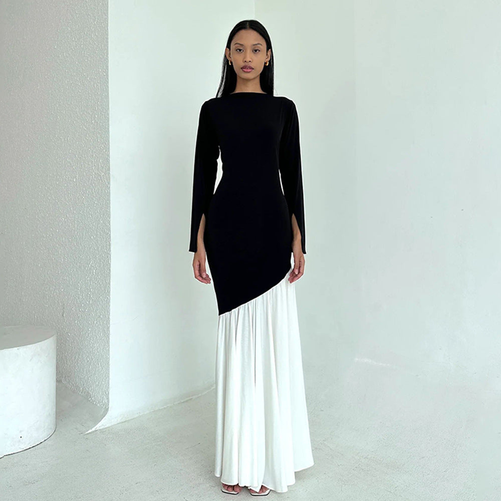 Robe tendance à col rond et manches longues, coutures fines sur les hanches