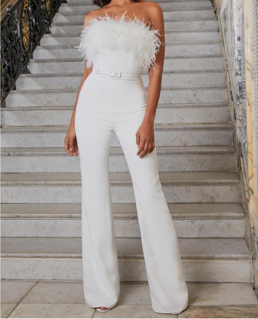 Sexy Sleeveless Feather Slimming Bowknot Decoration Straight Long Jumpsuit