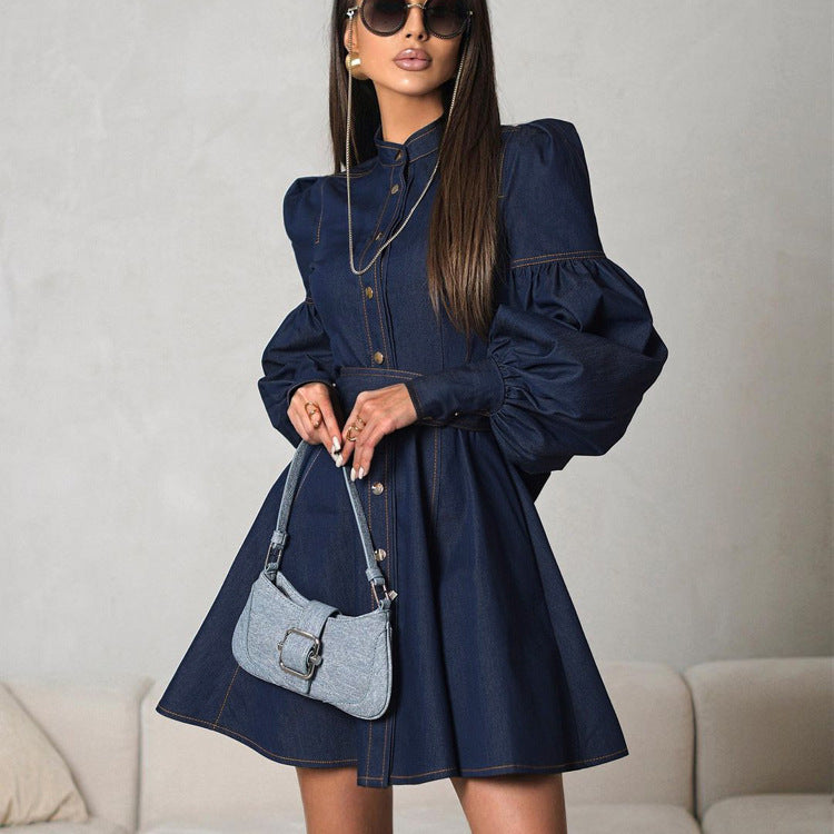 Robe chemise en jean à lacets et manches lanternes