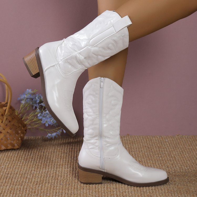 Botas vaqueras de punta estrecha y tacón grueso, botas de caballero sólidas de tubo medio a la moda, zapatos de otoño e invierno para mujer