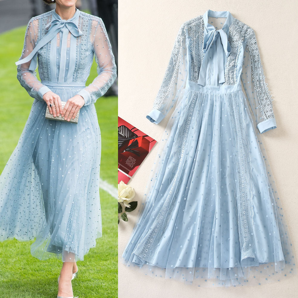 Robe à manches longues en maille patchwork à pois et lacets