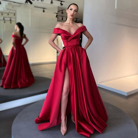 Robe sexy en satin mélangé, taille haute, épaules dénudées, décolleté en V profond
