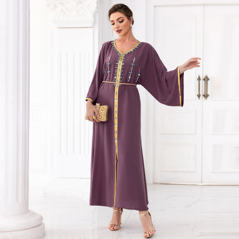 Robe à manches Dubaï en diamant cousue à la main, couleur racine d'épinard