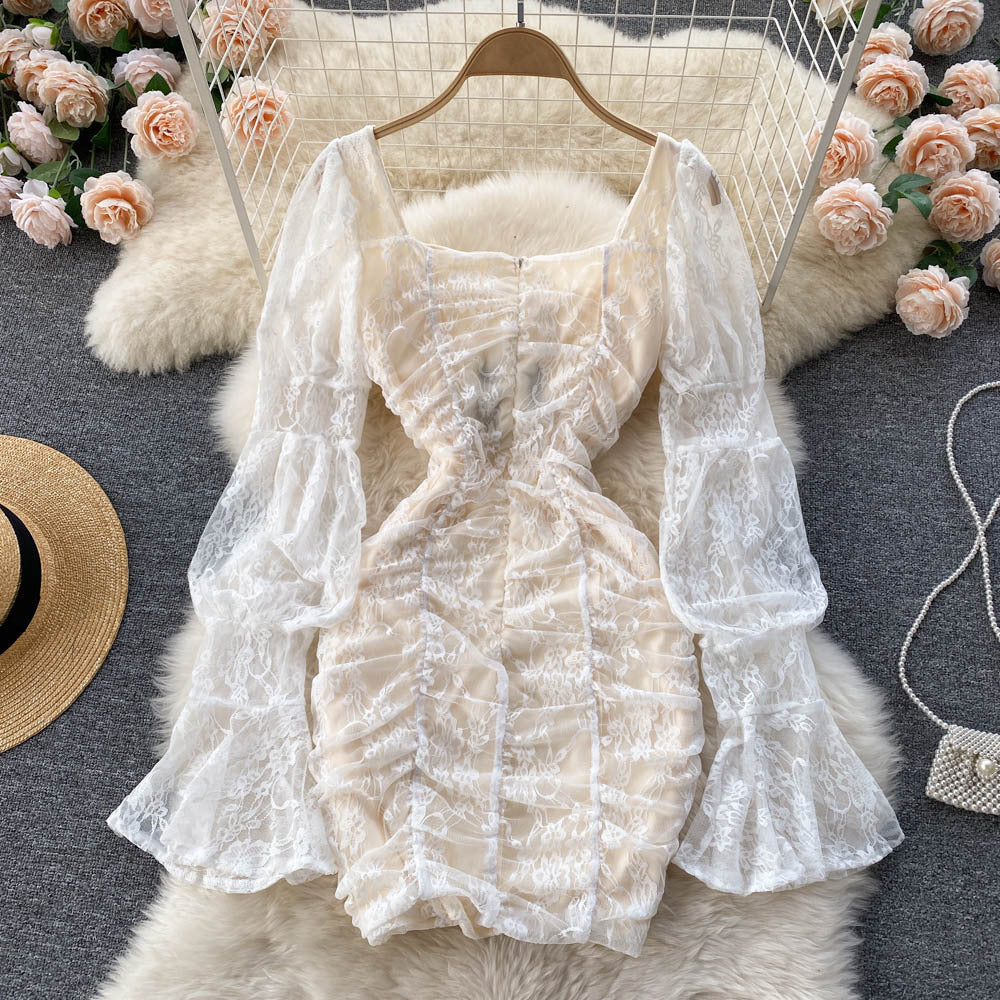 Women's Square Neck Lace Perspective Lantern Sleeve Waist Bag Hip Dress