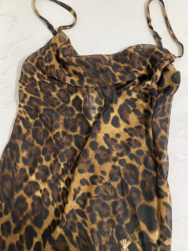 Clothing Slim Fit Backless See-through Leopard Print Dress