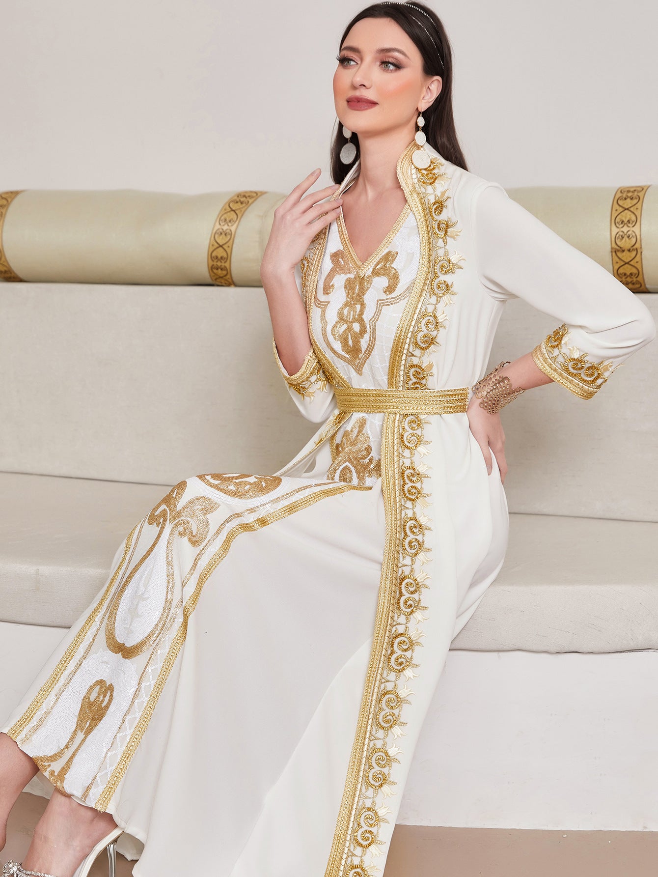 Gold Lace Sequined Embroidered Pearl Embroidery Dress