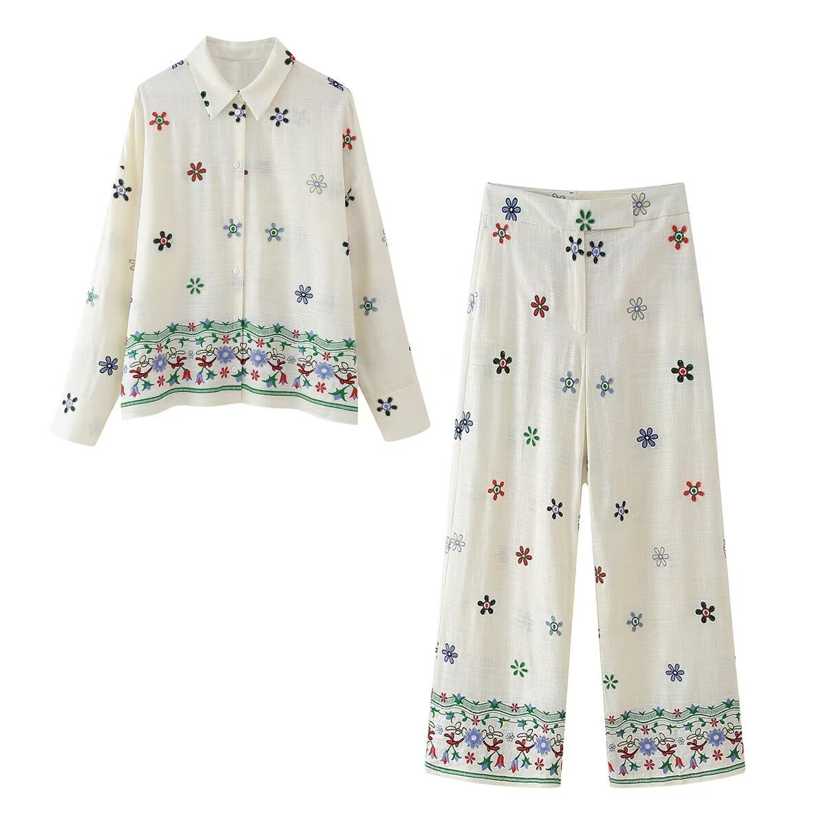 Flower Embroidered Shirt Straight-leg Pants Suit