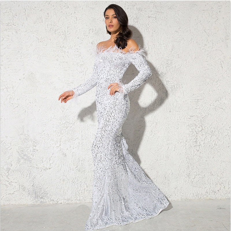 Robe de soirée formelle à épaules dénudées et queue de poisson