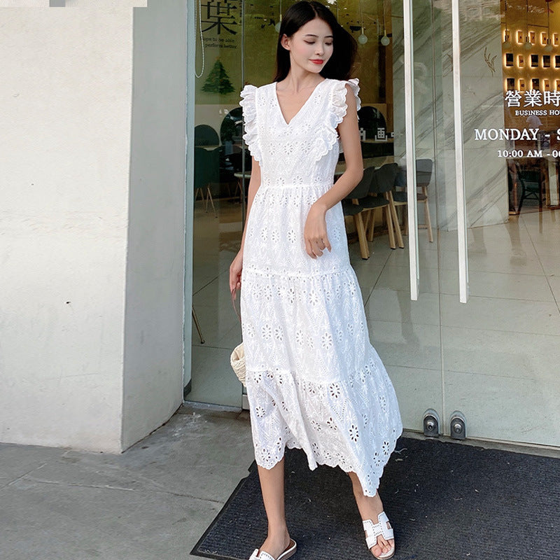 Robe en dentelle super féerique de style doux avec manches volantées