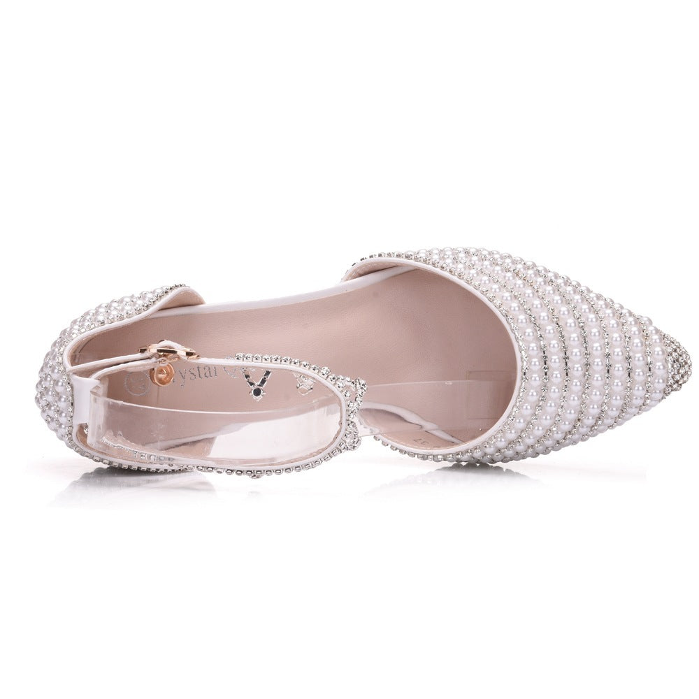 Zapatos de tacón alto con punta en punta y tacón de aguja con tiras de diamantes de imitación
