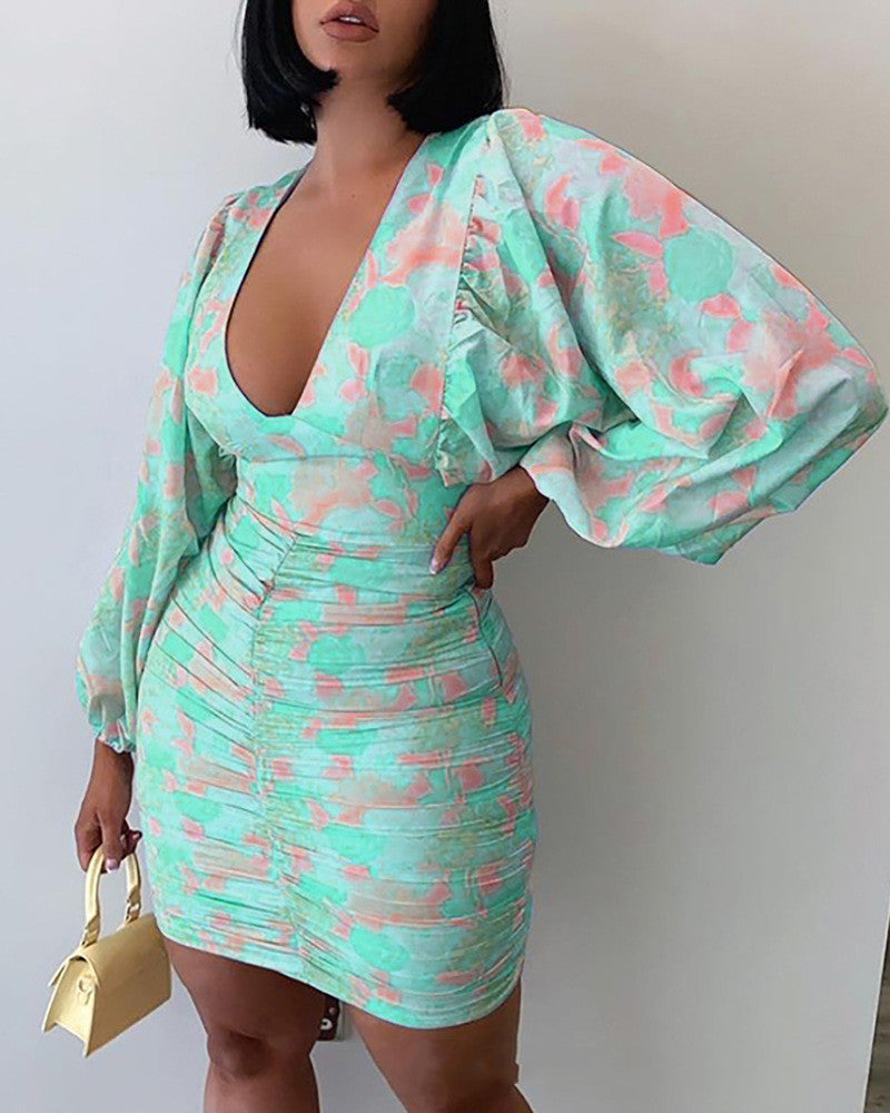 New Style Women's Printed V-Neck Long-Sleeved Dress