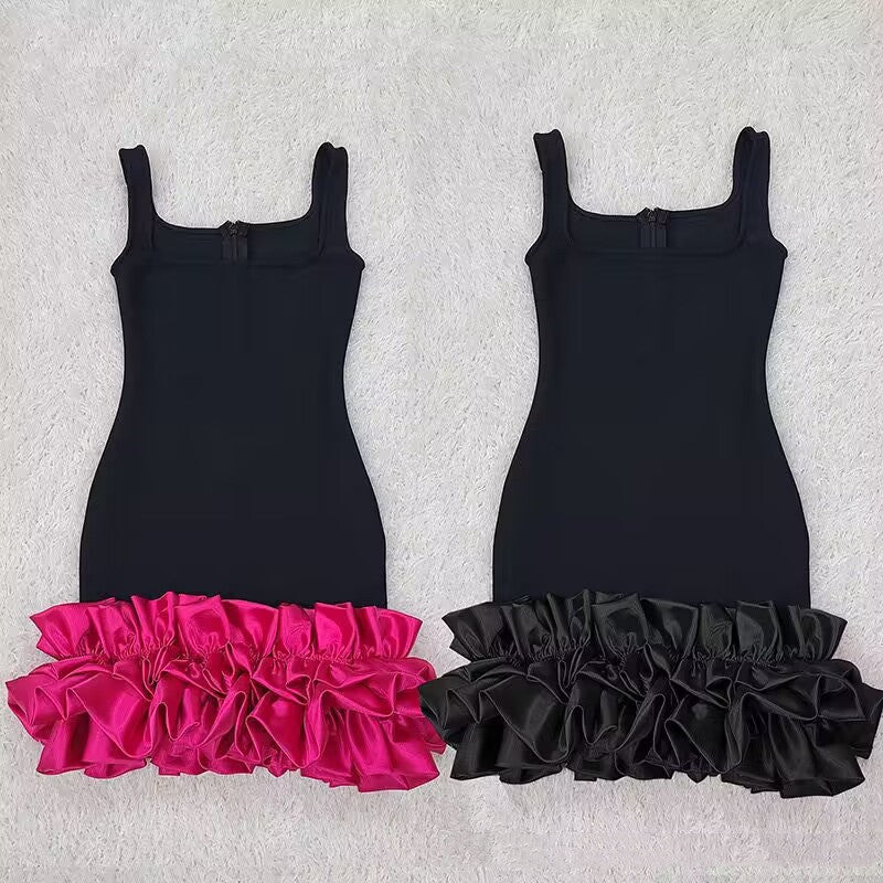 Lindo vestido de vendaje de chaleco escotado con dobladillo de falda de brote tridimensional