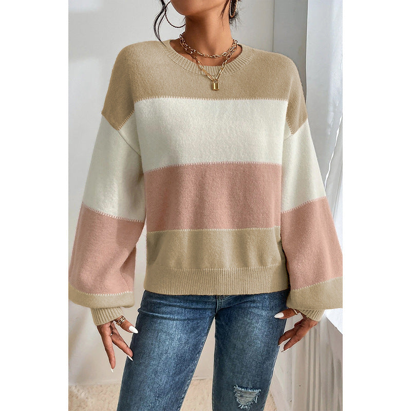 Pull ras du cou color-block décontracté à épaules amples et manches lanternes pour femme