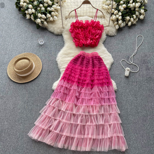 Ensemble deux pièces haut de gamme pour femme, caraco en maille fleurie tridimensionnelle, robe mi-longue en maille féerique