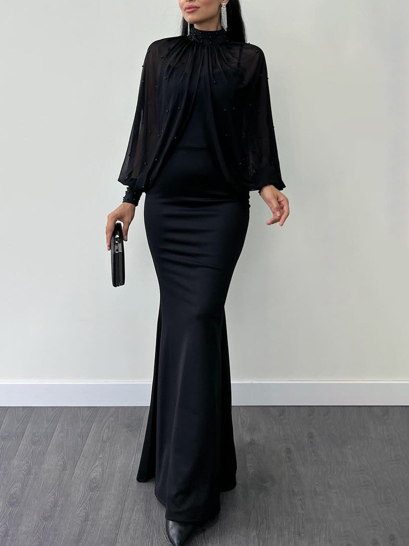Ensemble deux pièces robe à bretelles en maille et perles à col licou