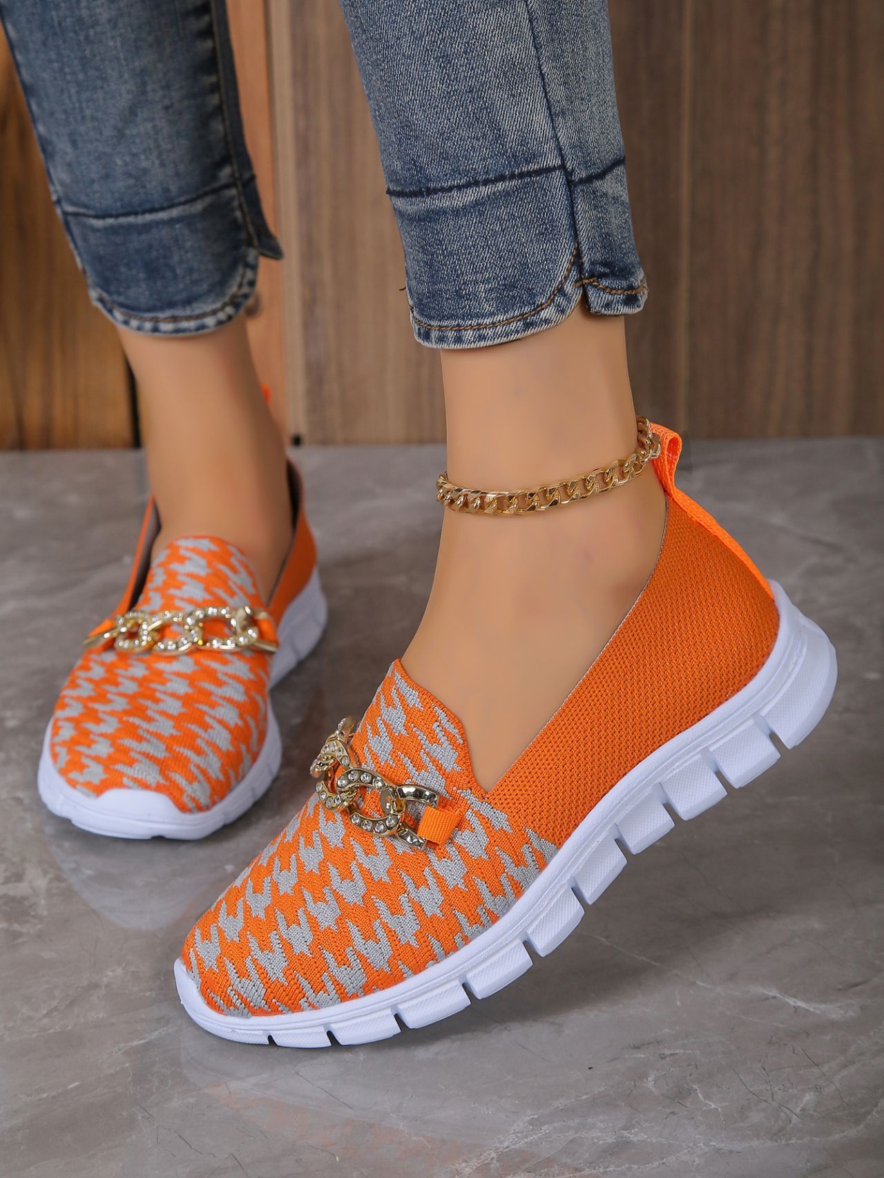 Zapatos casuales de malla con cadena y estampado de pata de gallo, zapatos planos deportivos para caminar de verano para mujer, mocasines transpirables