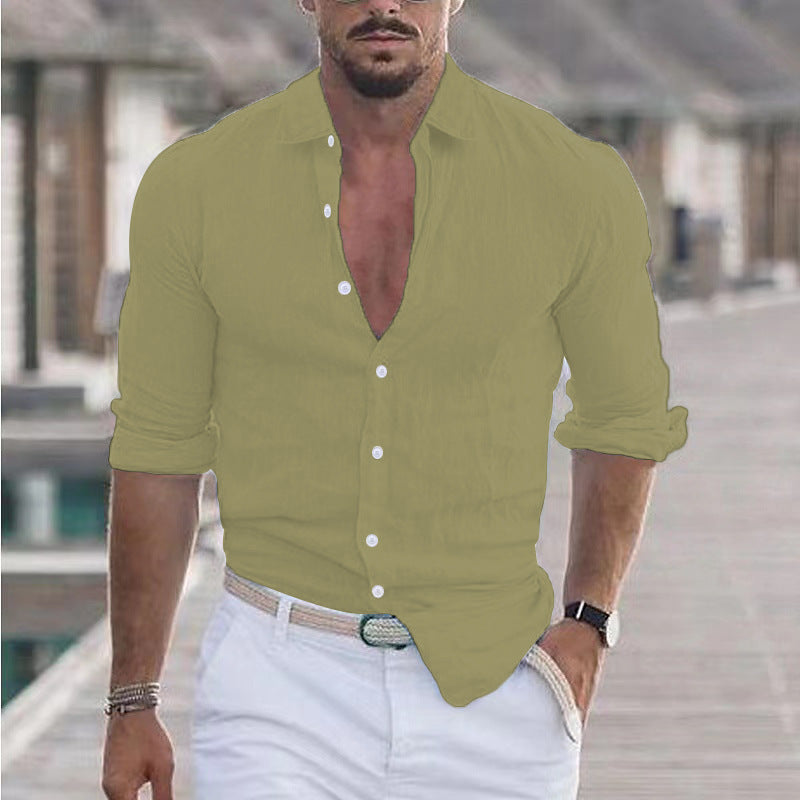 Camisa de lino para hombre Camisa con botones Camisa playera de color liso