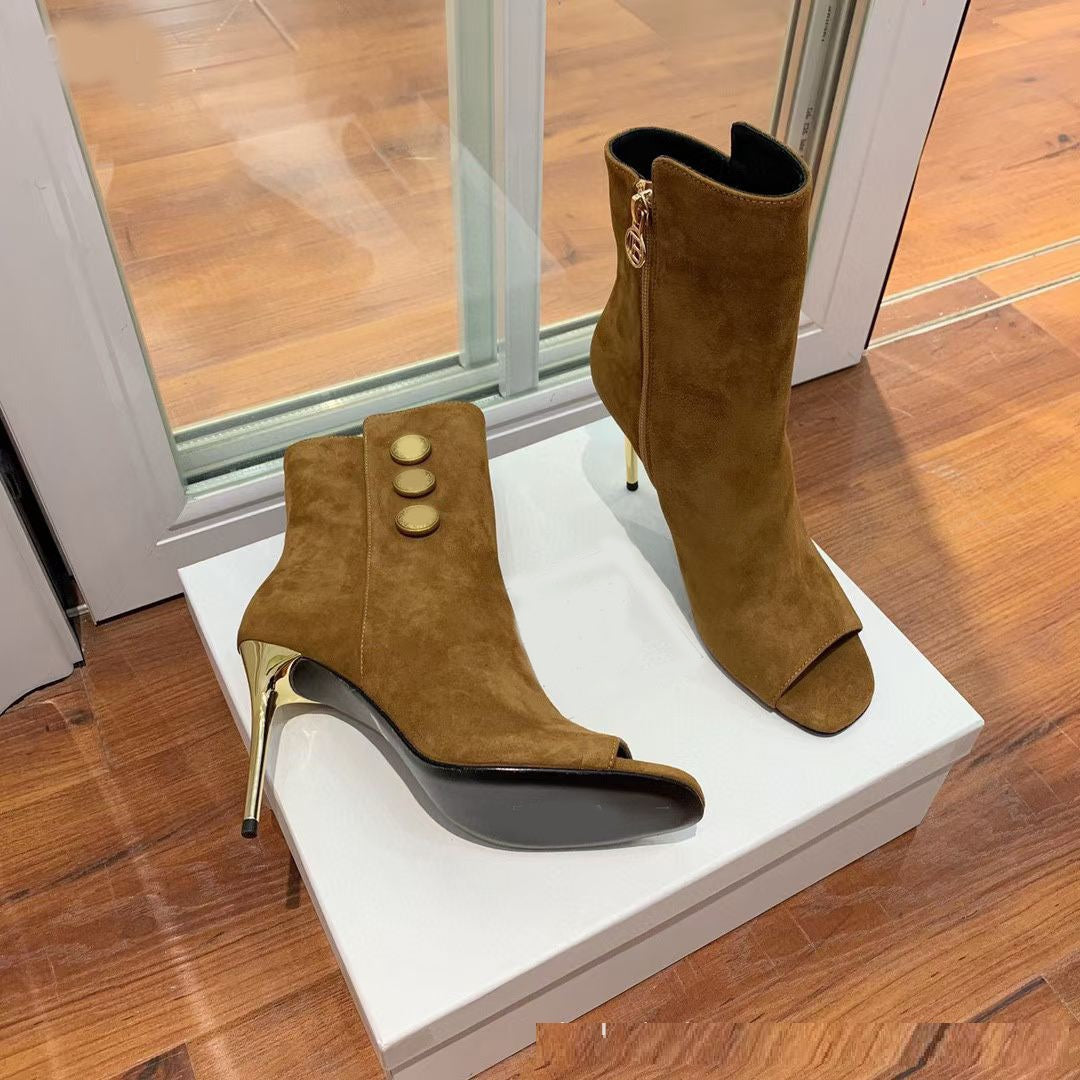 Nuevos botines con hebilla redonda de metal Boca de pescado Zapatos de mujer súper Stiletto