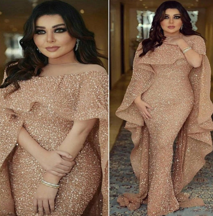 Robe de soirée sirène de luxe du Moyen-Orient, Kafan arabe, Dubaï, en or